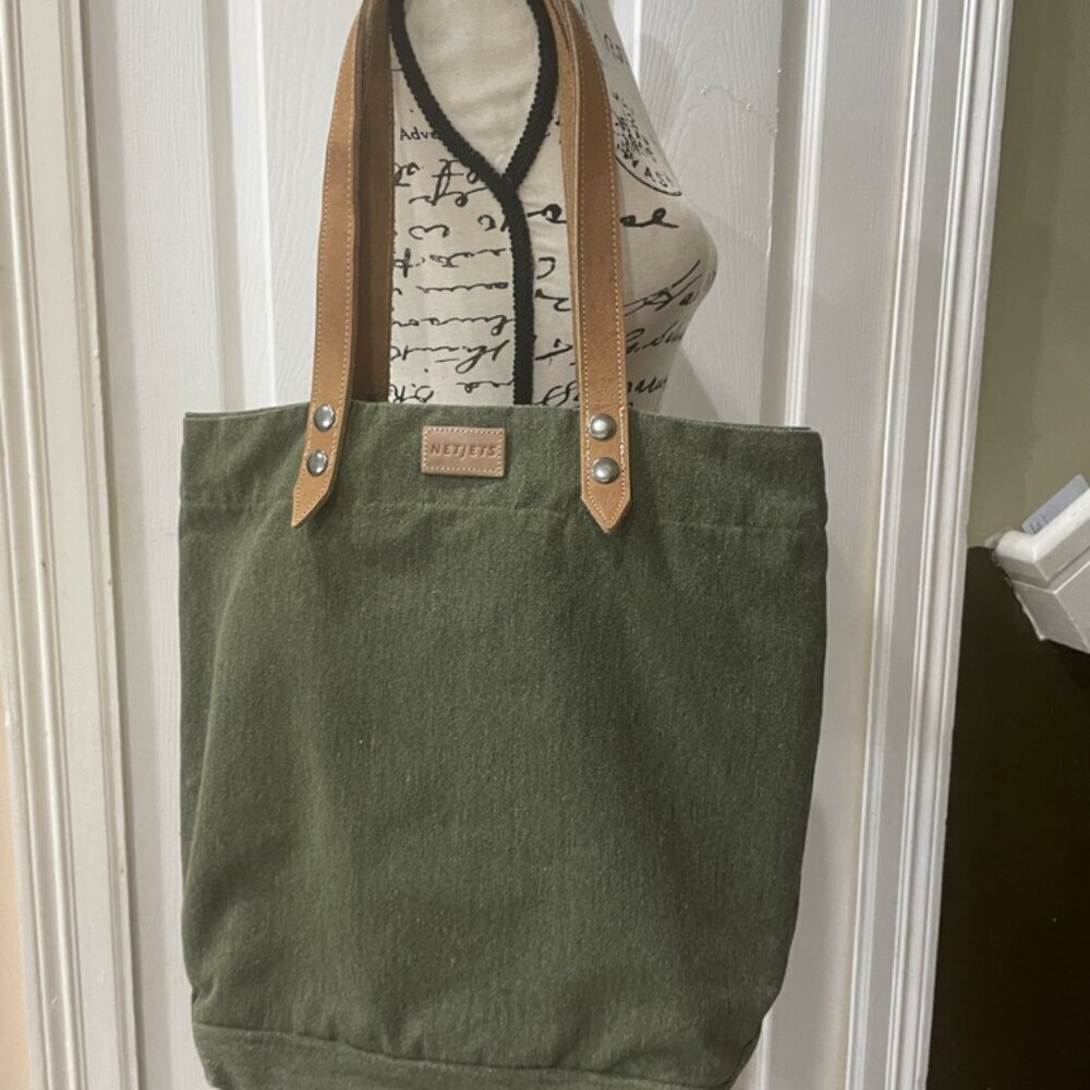 MILITARY GREEN CANVAS LEATHER TOTE BAG NETJETS BRAND - Picture 12 of 16